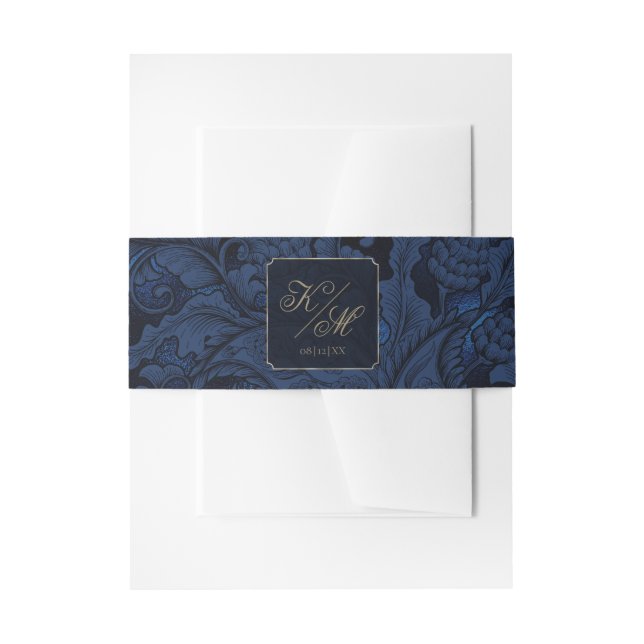 Formal Paisley Wedding Navy Blue ID767 Invitation Belly Band (Front Example)