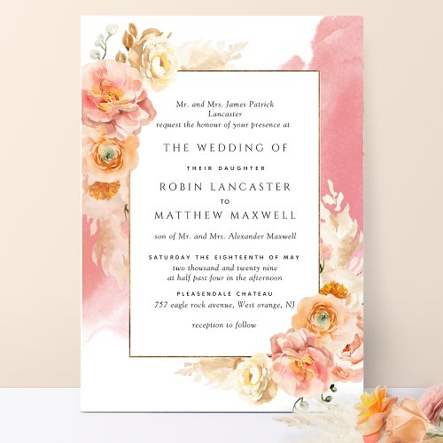 Formal Peach Blush Floral Coral Watercolor Wedding Invitation
