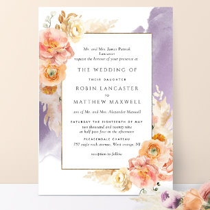 Formal Peach, Blush, Lavender Watercolor Wedding Invitation