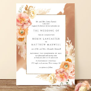 Formal Peach Floral Terracotta Watercolor Wedding Invitation