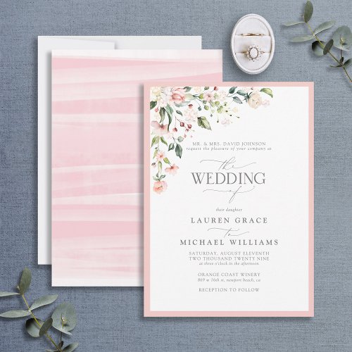 Formal Peach Pink Watercolor Floral Wedding Invita Invitation