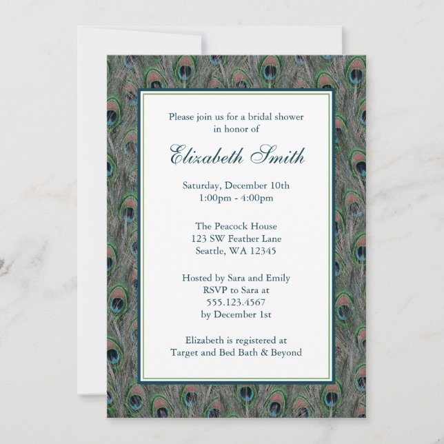 Formal Peacock Feathers Bridal Shower Invitation (Front)
