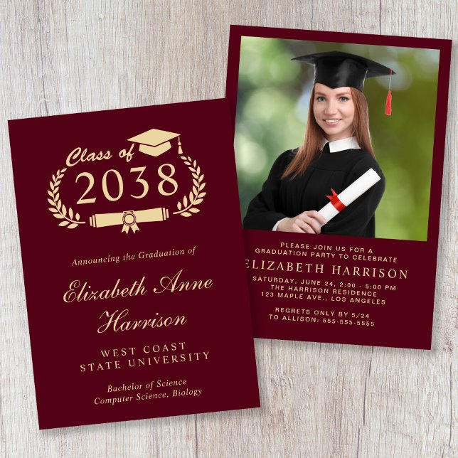 Formal Photo Gold Script Burgundy Graduation Party Invitation (Formal Photo Gold Script Burgundy Graduation Party Invitation)