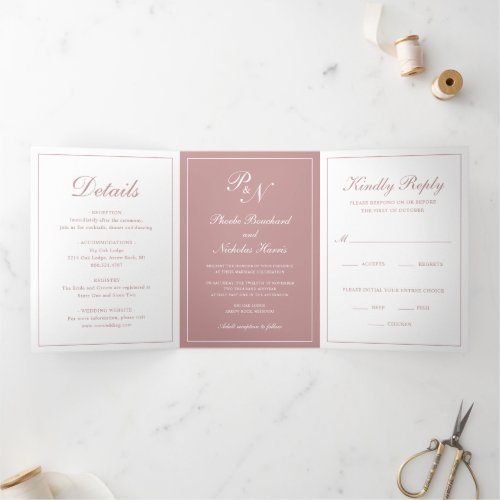 Formal Photo Monogram Elegant Dusty Rose Wedding Tri_Fold Invitation
