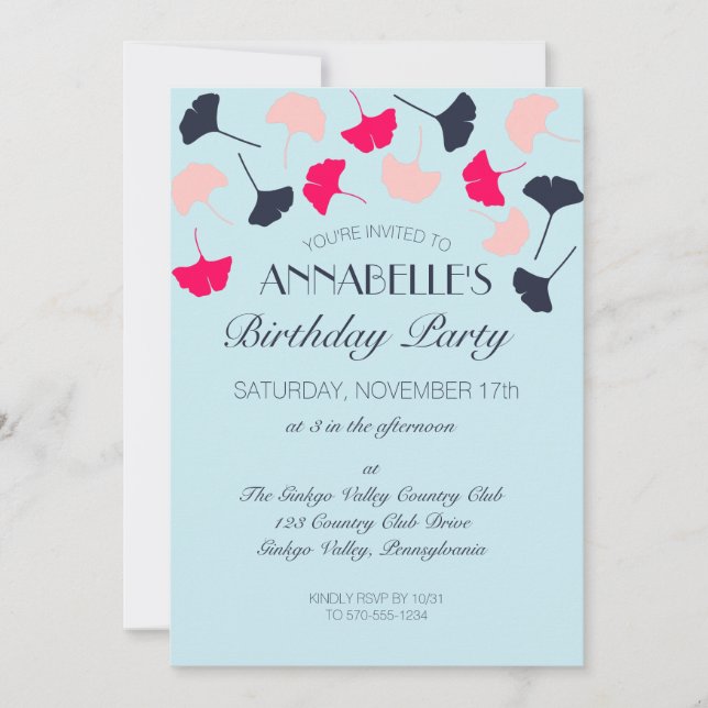 Formal Pink and Blue Ginkgo Leaves Birthday Party Invitation (Front)