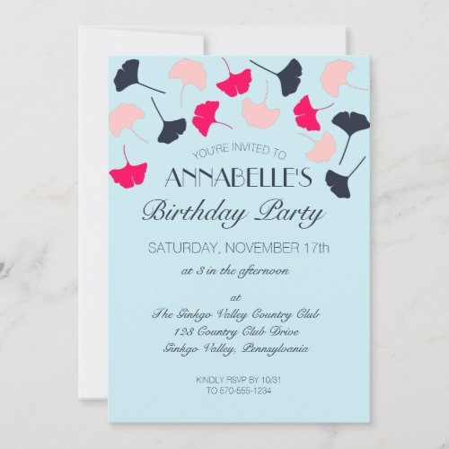 Formal Pink and Blue Ginkgo Leaves Birthday Party Invitation
