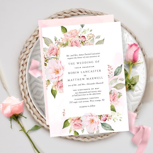 Formal Pink Blush and Rose Gold Floral Wedding Invitation