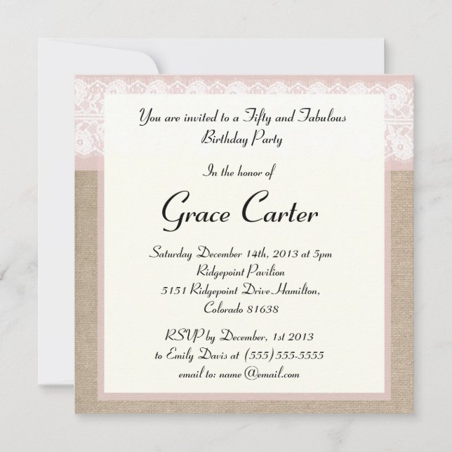 Formal Pink Burlap Lace Birthday Invitation (Front)