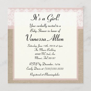 Formal Pink Lace Burlap Baby Shower Invitation by Mintleafstudio at Zazzle