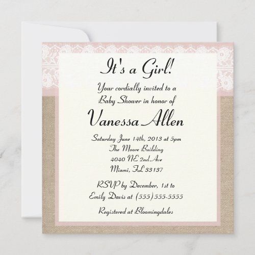Formal Pink Lace Burlap Baby Shower Invitation