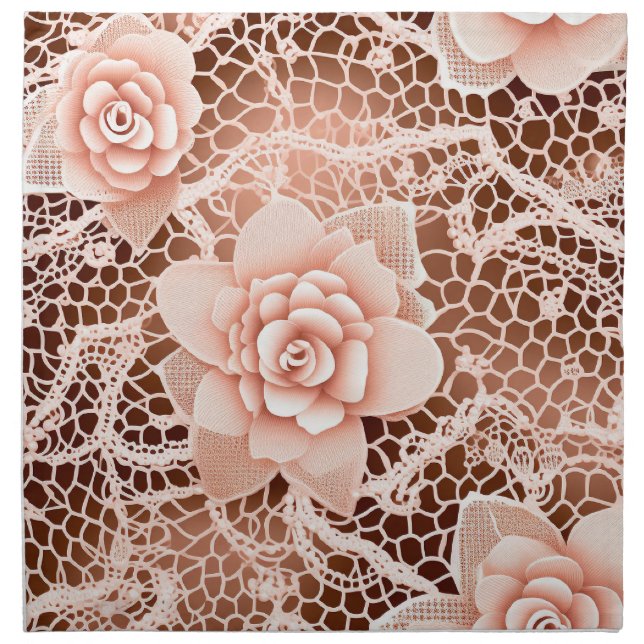 Formal Pink Rose Lace-Effect Cotton Dinner Napkins (Front)