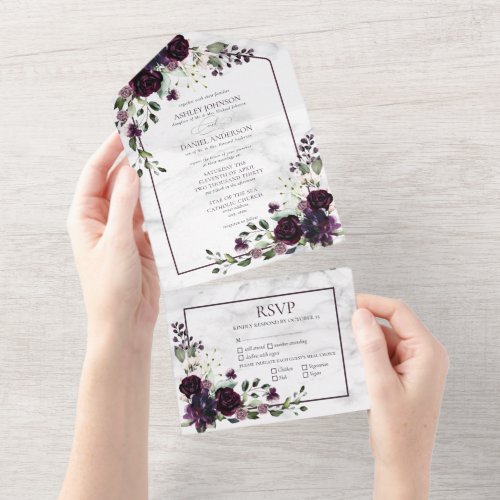 Formal Plum Purple Flower Watercolor Wedding All In One Invitation