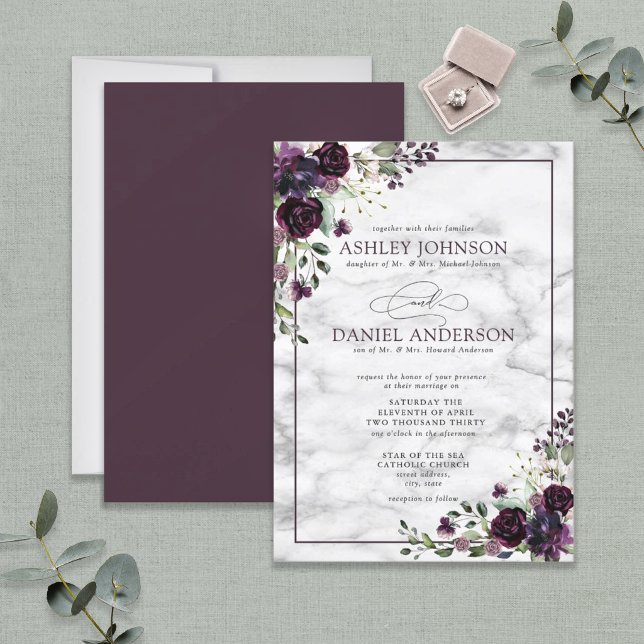 Formal Plum Purple Flower Watercolor Wedding Invitation