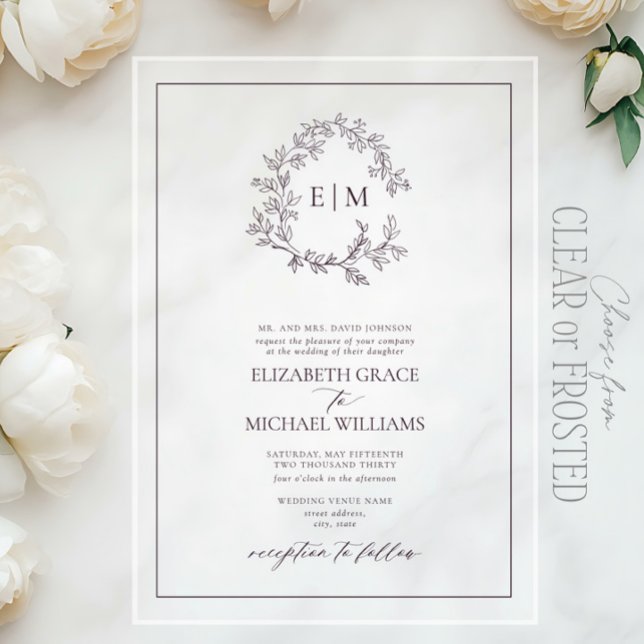 Formal Plum Purple Leafy Crest Monogram Wedding Acrylic Invitations (Creator Uploaded)