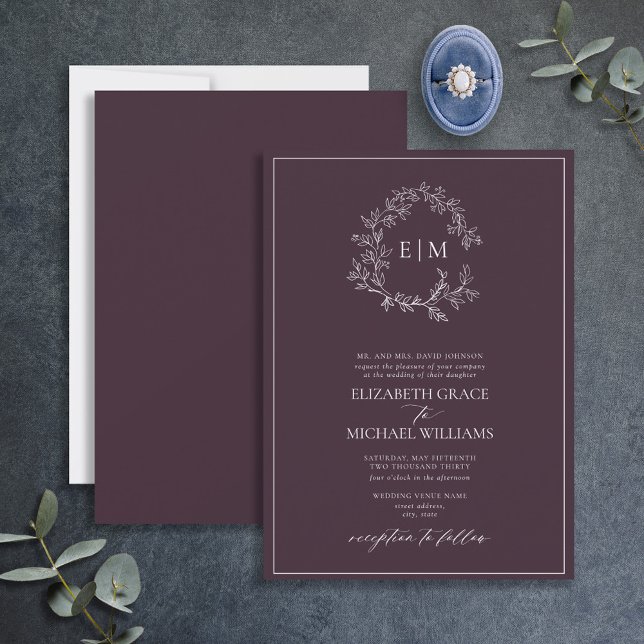 Formal Plum Purple Leafy Crest Monogram Wedding Invitation (Creator Uploaded)