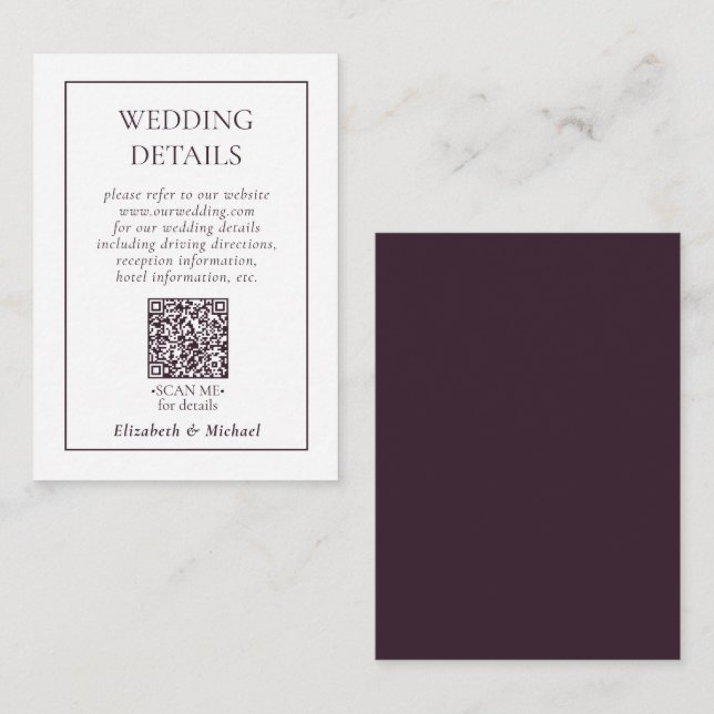 Formal Plum Purple QR Code Wedding Details Enclosure Card (Front/Back)