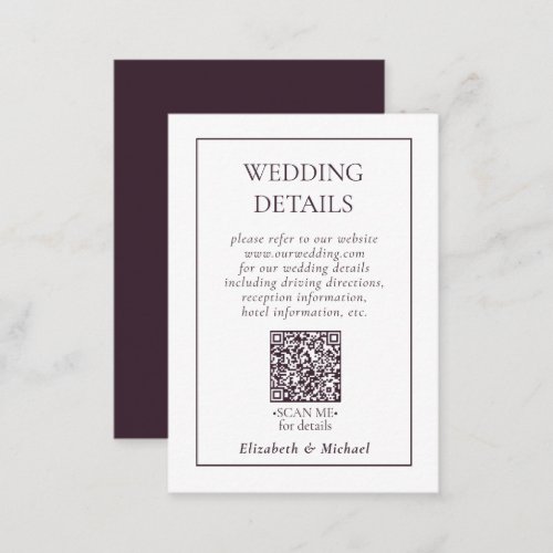 Formal Plum Purple QR Code Wedding Details Enclosure Card
