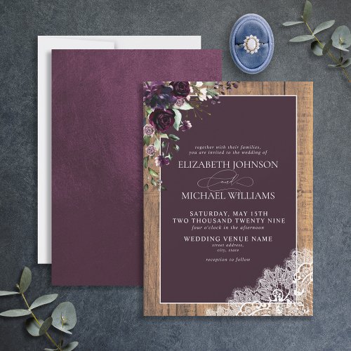 Formal Plum Purple Rustic Wood Script Wedding Invitation