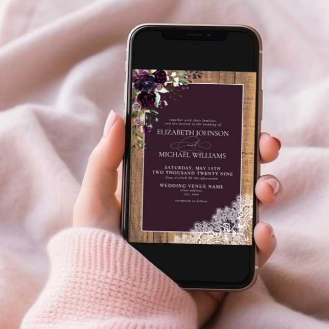 Formal Plum Purple Rustic Wood Script Wedding Invitation (Creator Uploaded)