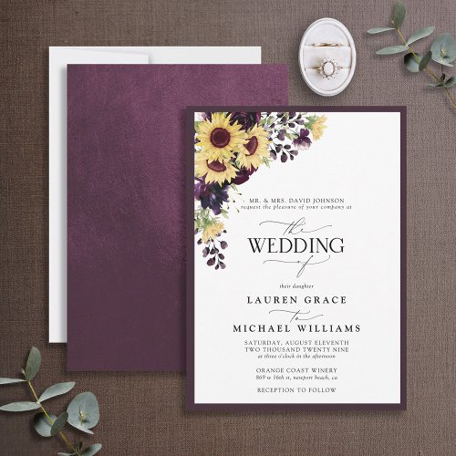Formal Plum Purple Sunflower Watercolor Wedding In Invitation