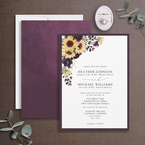Formal Plum Purple Sunflower Watercolor Wedding Invitation