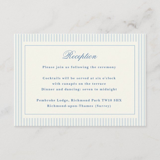 Formal Preppy French Blue Stripes Reception Enclosure Card (Front)