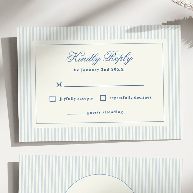 Formal Preppy French Blue Stripes RSVP Card (classic blue stripes wedding RSVP card)