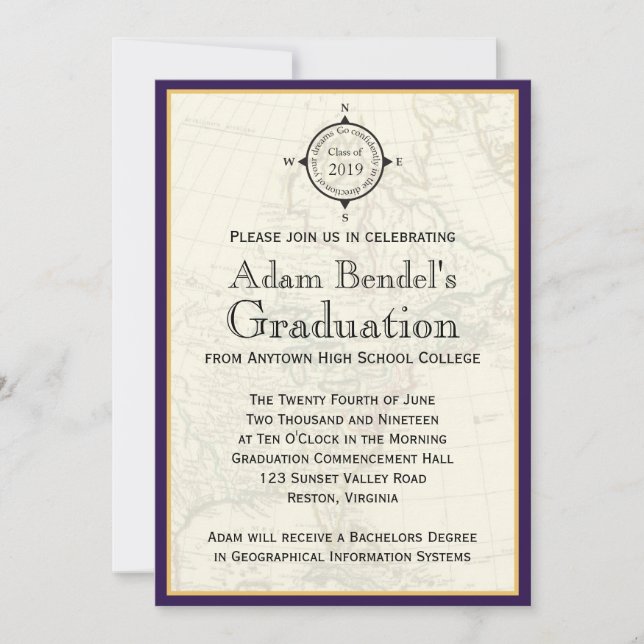 Formal Purple Compass Map Graduation Announcements (Front)