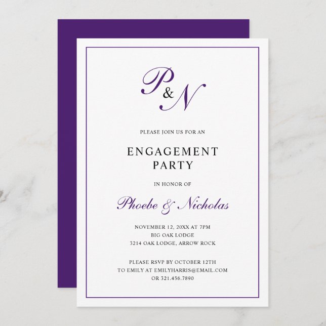 Formal Purple Monogram Engagement Party Invitation (Front/Back)