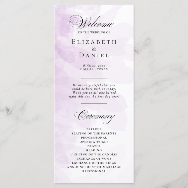 Formal Purple Watercolor Wedding Program (Front)