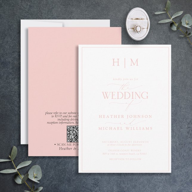 Formal QR Code Blush Pink Monogram Script Wedding Invitation (Creator Uploaded)