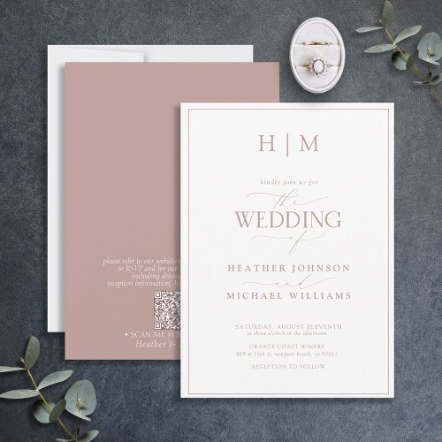 Formal QR Code Dusty Rose Monogram Script Wedding Invitation