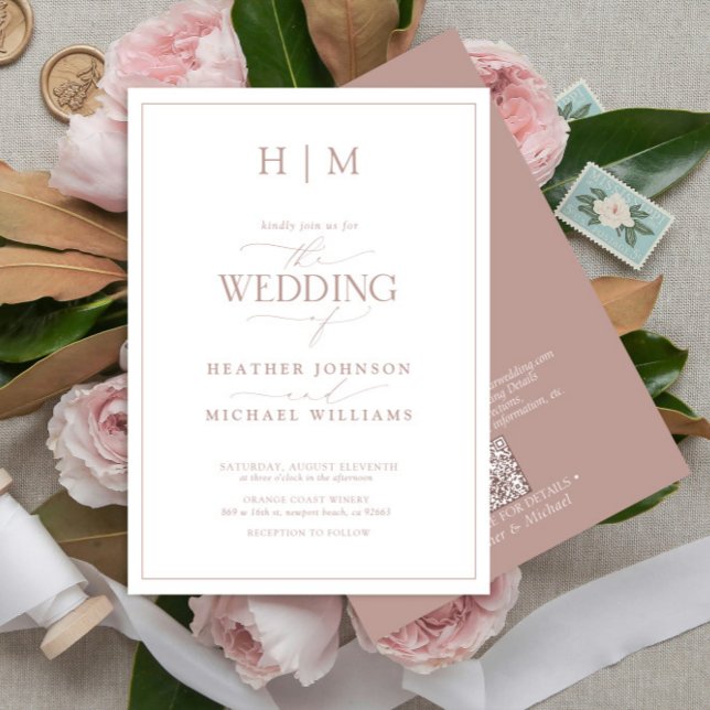 Formal QR Code Dusty Rose Monogram Script Wedding Invitation (Creator Uploaded)