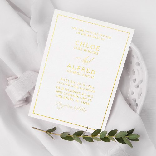 Formal Real Gold  White Calligraphy Wedding Foil Invitation