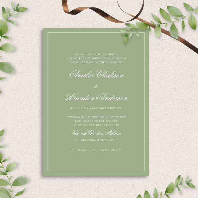 Formal Real Sage Green Border Script Wedding Invitation (Creator Uploaded)