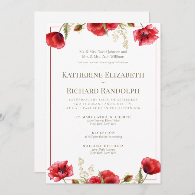 Formal Red Floral Red & White Wedding Invitation (Front/Back)
