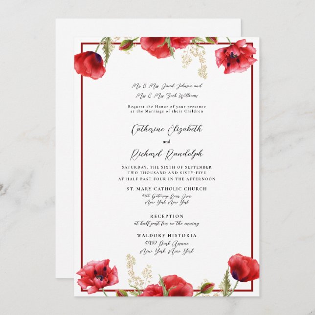 Formal Red Floral Red & White Wedding Invitation (Front/Back)