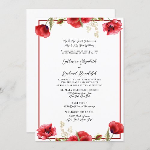 Formal Red Floral Red  White Wedding Invitation