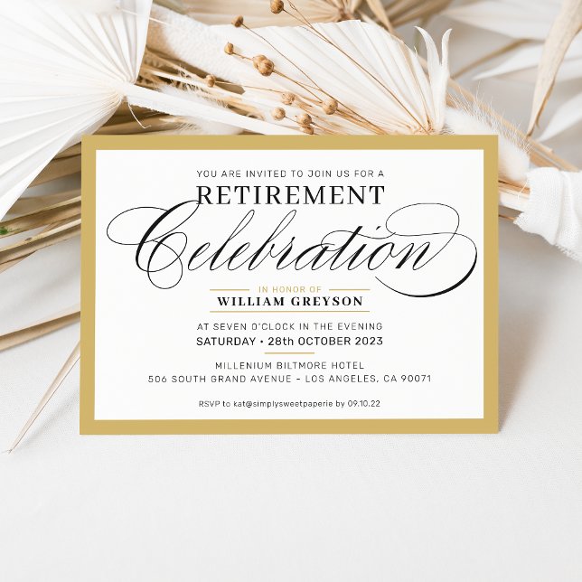 FORMAL RETIREMENT PARTY modern classy black gold Invitation (Creator Uploaded)