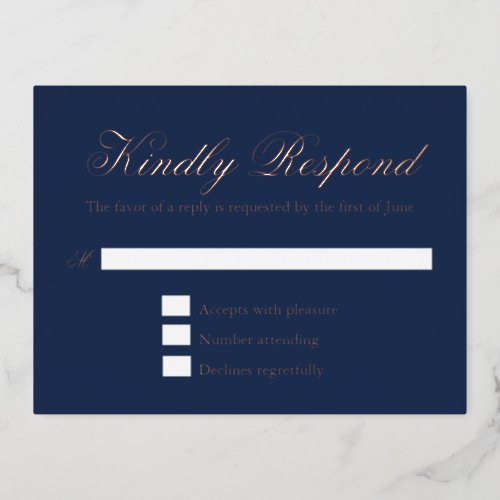 Formal Rose Gold Foil Navy Blue Wedding RSVP Card