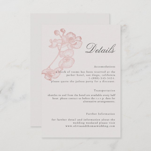 Formal Rose Orchid Wedding Details Enclosure Card (Front/Back)