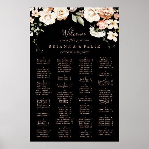 Formal Royal Floral Alphabetical Seating Chart