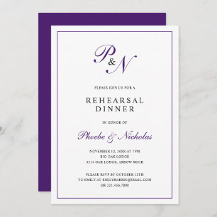 Formal Royal Purple Monogram Rehearsal Dinner Invitation