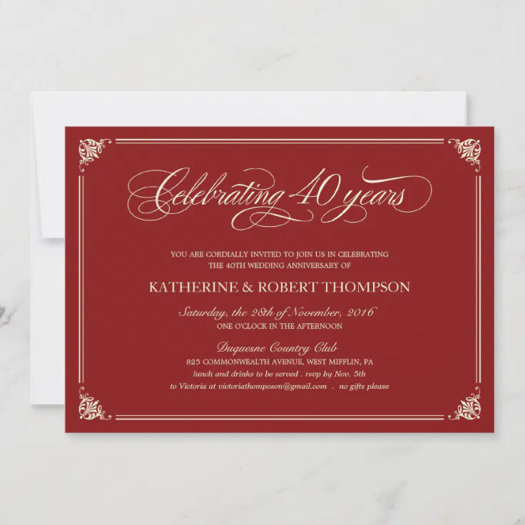 Personalised 40th Ruby Wedding Anniversary Invitations & Envelopes 