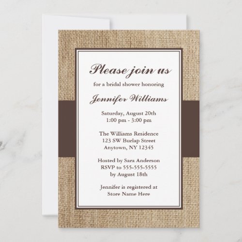 Formal Rustic Burlap Brown Bridal Shower Invites