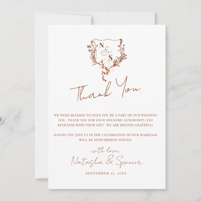 Formal Rustic Floral Crest Monogram Wedding  Thank You Card (Front)