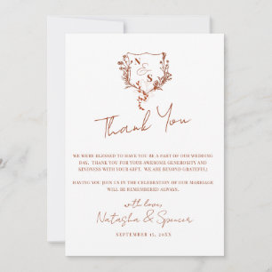 Formal Rustic Floral Crest Monogram Wedding Thank You Card