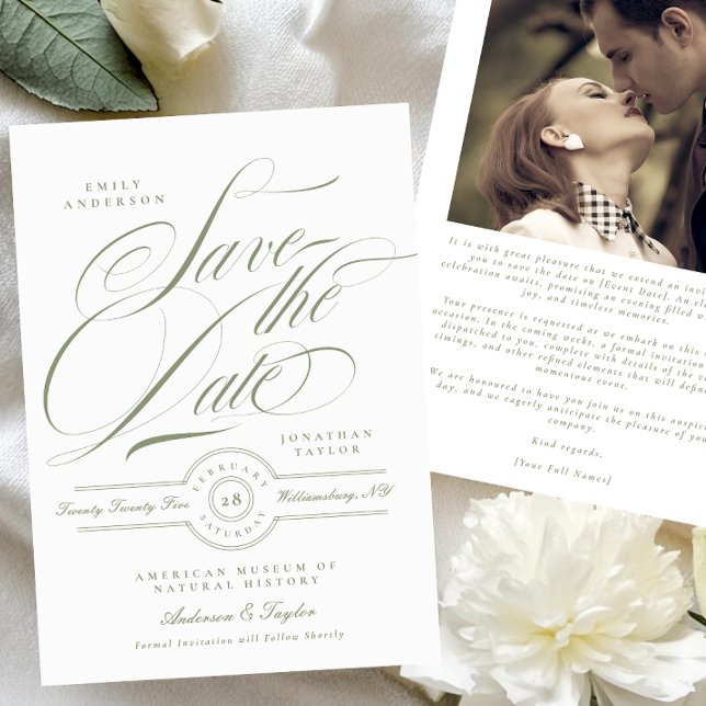 Formal Sage Green Calligraphy Black Tie Photo Save The Date (Creator Uploaded)