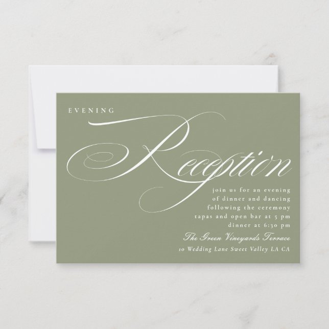 Formal Sage Green Calligraphy Wedding Reception Invitation (Front)