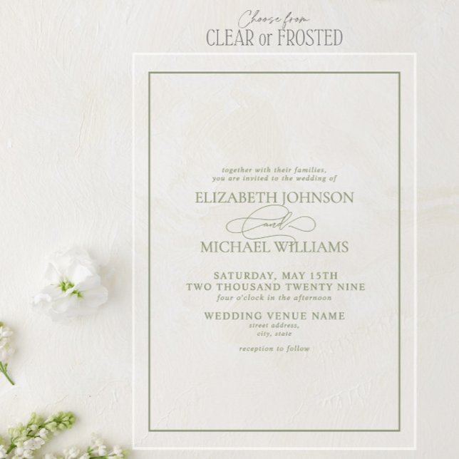 Formal Sage Green Classic Script Wedding Acrylic Invitations (Creator Uploaded)